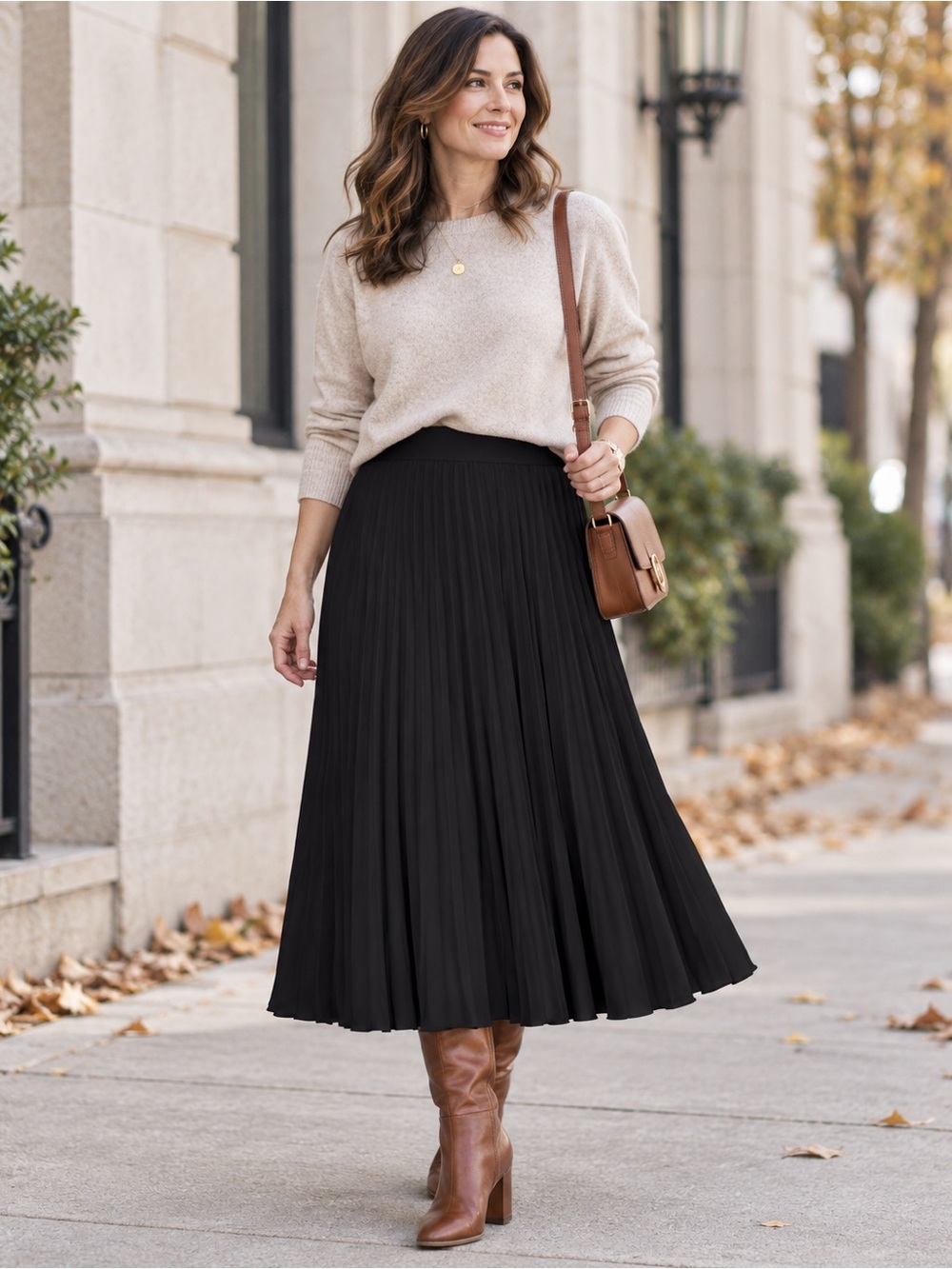 Kate Kasin Black Pleated Chiffon A-Line Midi Skirt -Medium